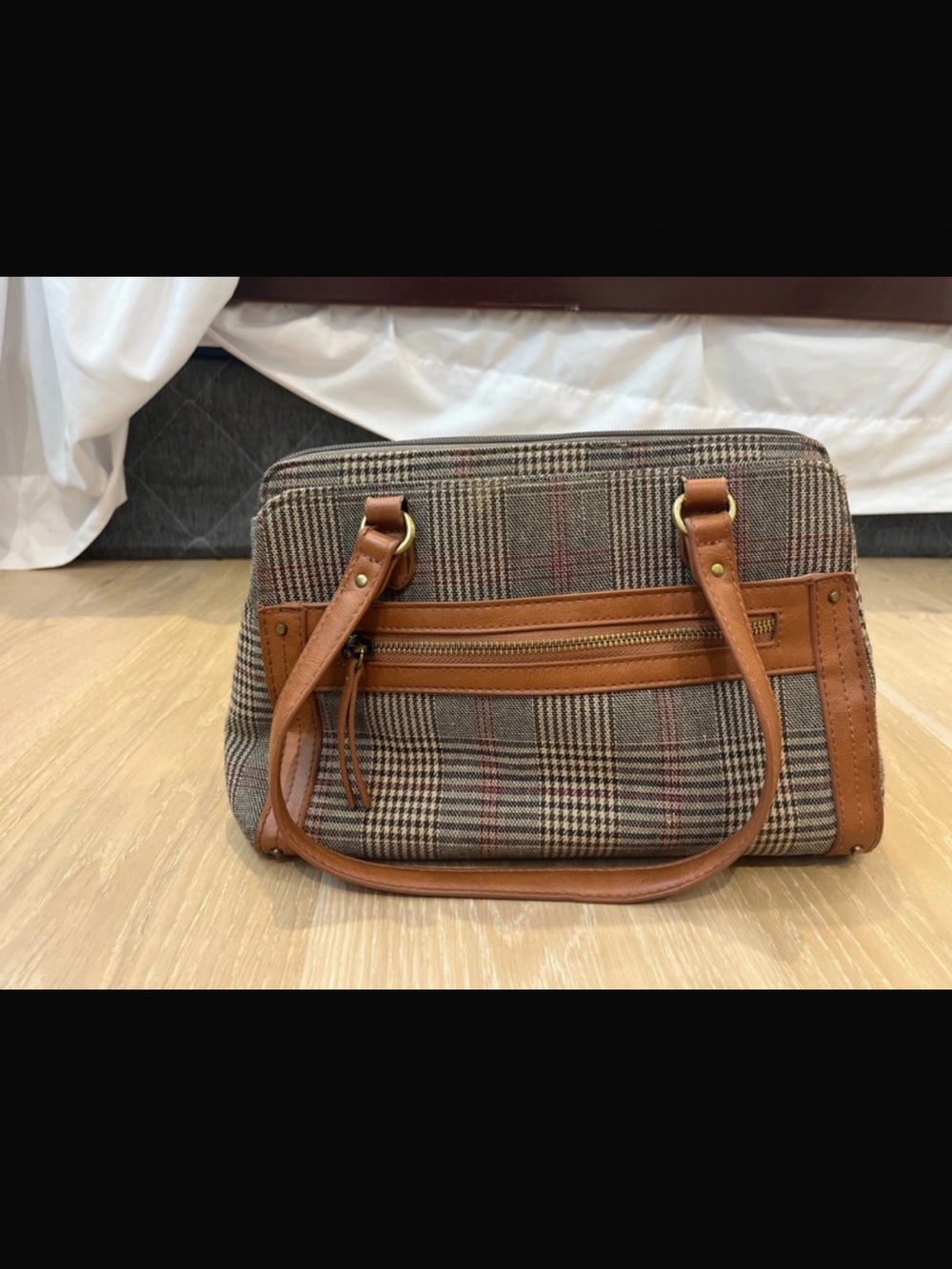 Plaid Satchel Handbag | Brown Checkered Purse | Faux Leather Trim Shoulder Bag